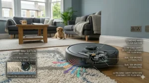 Illustration of a high-suction robot vacuum picking up dog hair from a thick pile carpet.