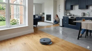 A close-up of the underside of a robot vacuum showing the drop sensors and brushes used for safe cleaning near stairs.