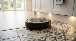 A robot vacuum cleaning a British kitchen floor featuring classic ceramic tiles and lino.