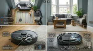 A robot vacuum transitioning seamlessly from a tiled kitchen floor to a carpeted hallway.