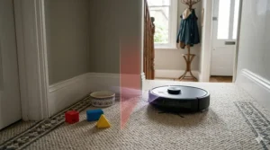 A robot vacuum with mapping avoiding a designated virtual no-go zone containing a dog bowl and children’s toys in a hallway.
