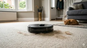An intelligent robot vacuum with mapping picking up pet hair from a beige tufted carpet in a cosy British home.