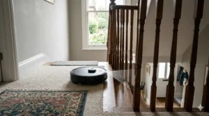 A robot vacuum using mapping and cliff sensors to detect the edge of a staircase on a first-floor landing.