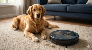 A hybrid robot vacuum and mop transitioning seamlessly from a light oak wooden floor to grey kitchen tiles.