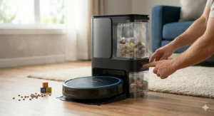 A smart robot vacuum using advanced sensors to navigate around obstacles like toys and shoes on a living room floor.