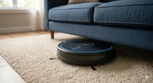 A golden retriever dog sitting on a beige carpet while a robot vacuum efficiently picks up pet hair nearby.