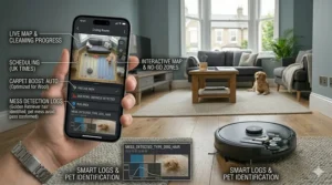 A hand holding a smartphone showing a UK floor plan map and scheduled cleaning times for a robot vacuum.