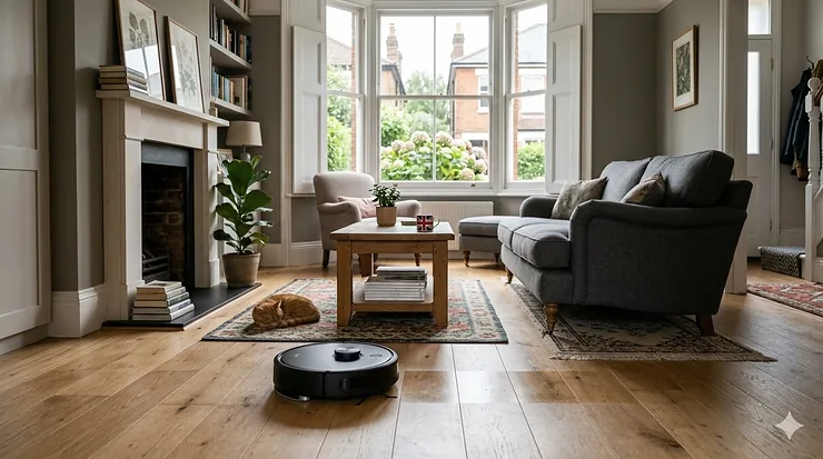 A high-end robot vacuum with mapping technology navigating a modern British living room with a Victorian bay window and a traditional fireplace. Robot Vacuum with Mapping