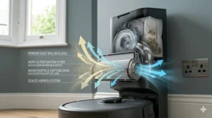 A close-up of a sealed HEPA filtration system capturing dust and allergens during the self-emptying cycle.