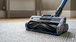 Close-up of a Shark vacuum floorhead with Anti Hair Wrap technology actively removing tangled hair from the brush roll on a grey carpet.