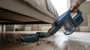 A Shark cordless vacuum with a flexible wand bending to reach dust and debris underneath a low-profile bed frame.