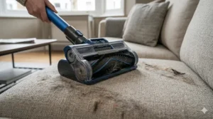 A handheld Shark pet power tool being used to remove stubborn pet hair and dander from a light-coloured fabric sofa.