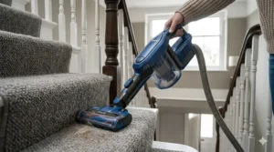 A person using the Shark Powered Lift-Away feature to hoover a carpeted staircase with a lightweight portable canister.