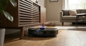 A slim Eufy robot vacuum cleaner sliding easily into a narrow gap under a low-profile wooden credenza to clean.