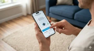 A slim-profile robot vacuum cleaner sliding easily under a blue fabric sofa to clean hard-to-reach areas.