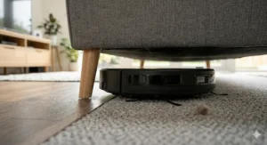 A compact, low-profile robot vacuum cleaner sliding underneath a grey fabric sofa to clean dust.