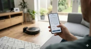 A person using a mobile app to schedule a cleaning session for their affordable robot vacuum.