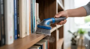 A circular soft dusting brush vacuum tool cleaning delicate surfaces on a wooden bookshelf.