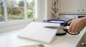 Alt text for a pair of silver scissors cutting a sheet of universal white HEPA filter material to size on a clean utility room surface.