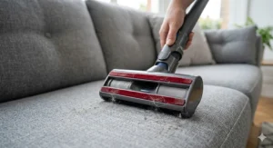 A wide upholstery attachment with lint-catching strips being used to hoover a grey fabric sofa.