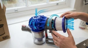 Alt text for a conceptual diagram with blue arrows showing the multi-stage airflow through the cyclonic cone, foam pre-filter, and HEPA exhaust filter.