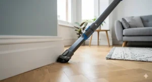 A slim vacuum crevice tool being used to clean dust from the narrow gap between a carpeted floor and white skirting boards.