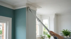 A long chrome vacuum extension wand reaching up to clean cobwebs from a high ceiling corner and coving.