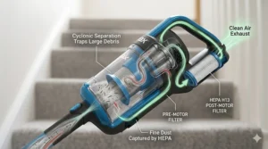 Photorealistic close-up of a digital battery screen on a Vax vacuum cleaner handle displaying the remaining runtime.
