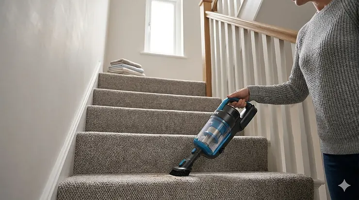 A person using a Vax vacuum cleaner on a grey carpet in a modern British living room with natural lighting. Vax Vacuum Cleaner