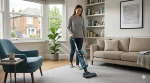 A Vax cordless vacuum cleaner folded down for compact storage on its charging dock inside an under-stairs cupboard.