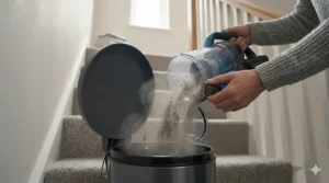 Close-up of a Vax vacuum cleaner nozzle effectively picking up debris from a textured dark slate kitchen floor.
