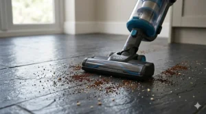 Close-up photorealistic illustration of a Vax cordless vacuum cleaner motorised tool lifting pet hair from a blue fabric sofa.