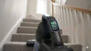 A Vax vacuum cleaner being used with a handheld attachment to clean carpeted stairs in a typical British home.