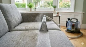 A split-screen comparison showing a grubby fabric sofa before and after using the best upholstery cleaner.