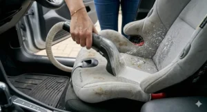 Using a powerful spray-and-lift machine to refresh fabric car seats and floor mats.