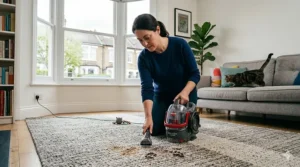 A person using a portable spot cleaner to lift muddy pet paw prints from a light-coloured hallway carpet.