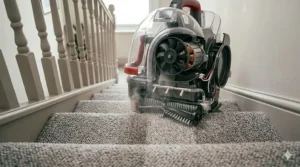 A compact carpet cleaning machine being used to deep clean the treads of grey carpeted stairs in a British home.