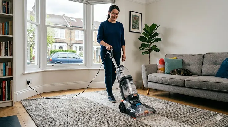 A person using a top-rated upright carpet cleaner on a wool rug in a modern British living room with a large bay window. best carpet cleaner
