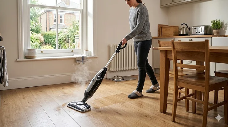 A photorealistic featured image of a modern, cordless steam mop being used to clean a light wood floor in a bright British kitchen with a garden view. cordless steam mop