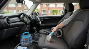 A close-up photograph showing a person using a handheld spot cleaner nozzle to deep clean dark woven fabric car seats inside a compact British car.