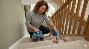 A photorealistic image showing a woman kneeling on a carpeted staircase, using a compact spot cleaner to remove a red wine stain from the wool carpet.