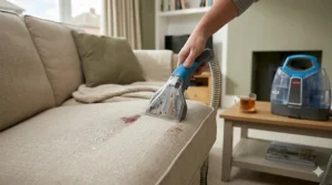 A close-up photograph of a person using a spot cleaner attachment to deep clean a light grey fabric sofa, effectively lifting a dark stain.