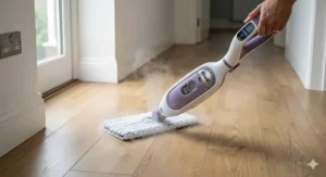 Alt text for image 5: A Shark steam mop being used to clean light oak laminate flooring in a British hallway.