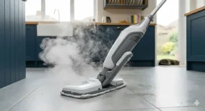 Ground-level close-up showing the articulated swivel head of a steam mop manoeuvring across a modern tiled floor.