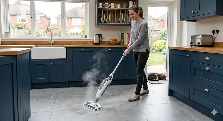 Professional photograph of a woman using a modern steam mop in a clean, contemporary British kitchen with navy cabinets, wood worktops, and porcelain tile flooring. best steam mop
