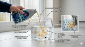 A photorealistic diagram illustrating the process of mixing Bissell carpet cleaning formula into the clean water tank using precise dilution lines and measurement labels.