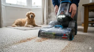 A photorealistic close-up of a Bissell machine head actively cleaning a pet stain on a textured wool-blend carpet in a UK living room, with a Golden Retriever in the softly blurred background.