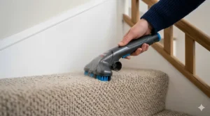 A close-up illustration of a Bissell handheld attachment cleaning carpeted stairs, highlighting the compact brush head designed for narrow treads.