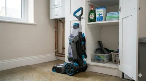 A photorealistic photograph of a Bissell carpet cleaner with its handle folded, stored neatly inside a standard UK utility cupboard next to a British Gas boiler.