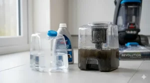 A detailed, photorealistic close-up of the two-tank system from a Bissell carpet cleaner, showing the distinct contrast between the clear, fresh water in the clean tank and the dark, murky extracted liquid in the dirty water tank.